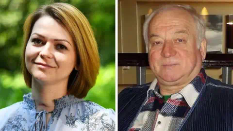 Reuters/BBC A photo of Yulia Skripal on the left, where she is wearing a light grey floral pattern blouse. A photo of Sergei Skripal on the right, wearing a checked shirt and jacket