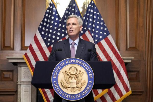 Rep. Kevin McCarthy, R-Calif., speaks to reporters after he was voted out of the job of Speaker of the House by a contingent of hard-right conservatives in an extraordinary showdown, a first in U.S. history, at the Capitol in Washington, Tuesday, Oct. 3, 2023. (J. Scott Applewhite / AP)