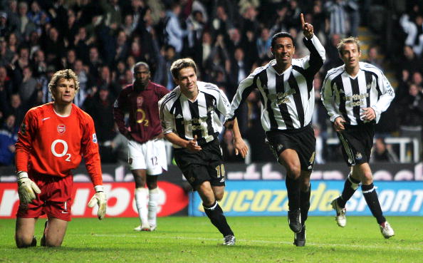 Nolberto Solano of Newcastle celebrates scoring in front of a dejected Jens Lehmann during the Barclays Premiership match between Newcastle United and Arsenal