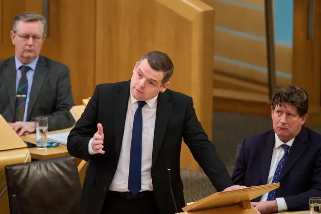 Douglas Ross, leader of the Scottish Conservatives, at the Scottish Parliament for First Minister