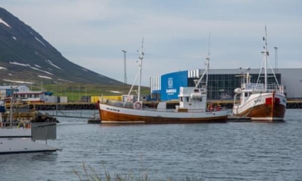 Fishing boats in a harbour with snow-dotted mountain and large building with Samherji’s logo on side