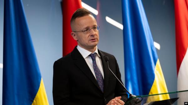 FILE - Hungary's foreign minister Peter Szijjarto speaks during a press conference in Kamianytsia, Ukraine, Jan. 29, 2024.