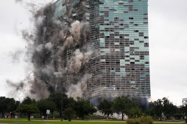 The Hertz Tower, which was badly damaged by back-to-back hurricanes in 2020, was demolished on Saturday.