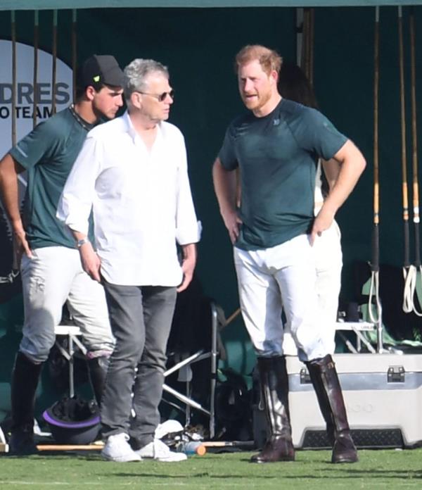 Prince Harry falling during a polo match, while David Foster, Katherine McPhee, and their baby boy Rennie watch on in the background