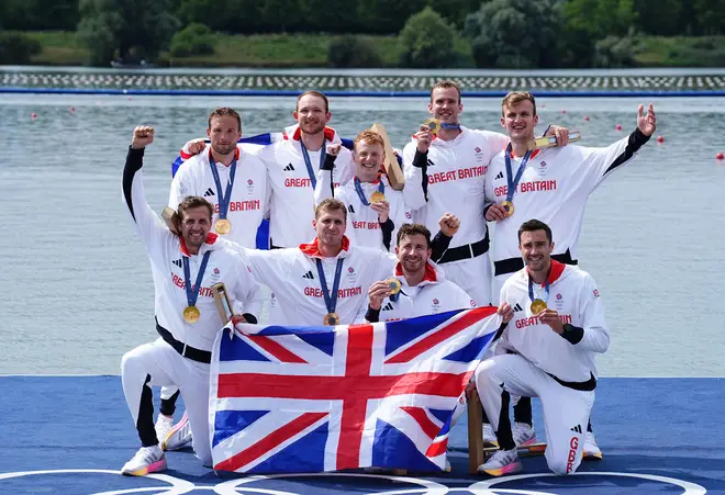 Great Britain's Sholto Carnegie, Rory Gibbs, Morgan Bolding, Jacob Dawson, Charles Elwes, Tom Digby, James Rudkin, Tom Ford and Cox Harry Brightmore with their gold medals